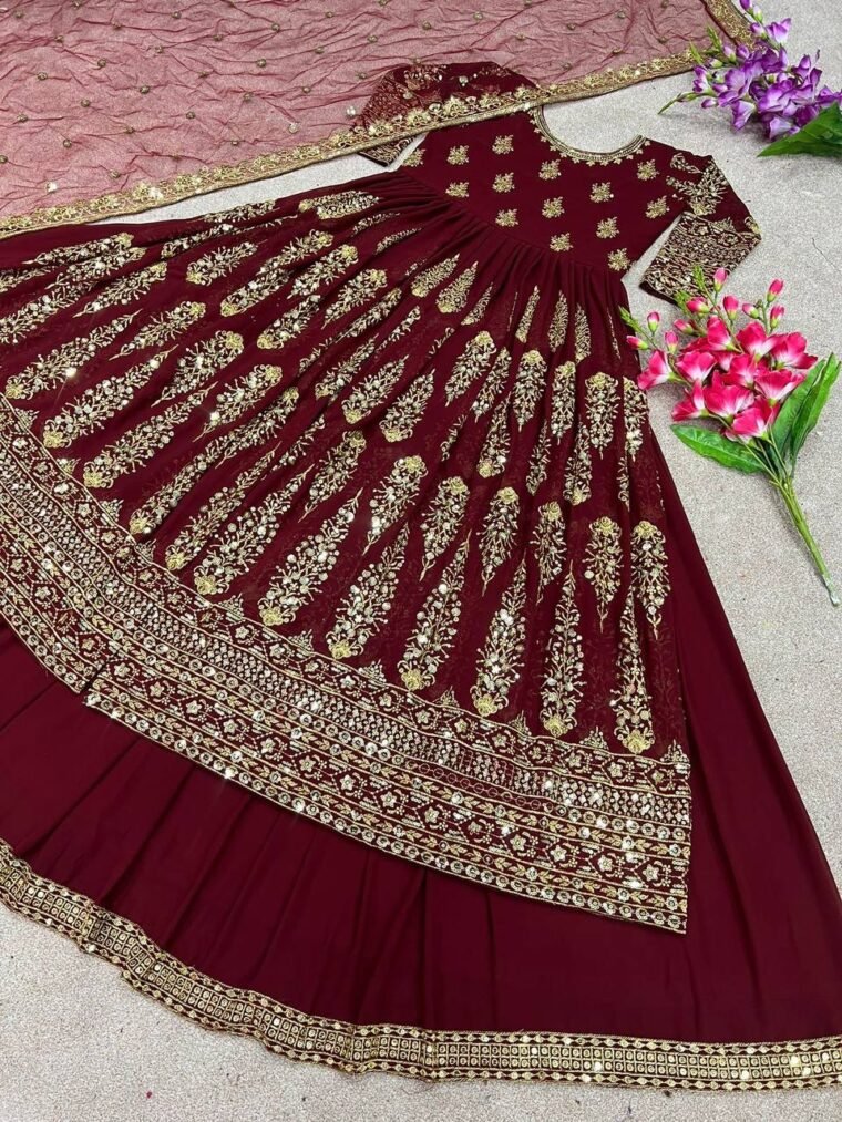 Heavy Embroidery Georgette Gown with Lehenga Skirt and Dupatta (Skirt : Semistitch)