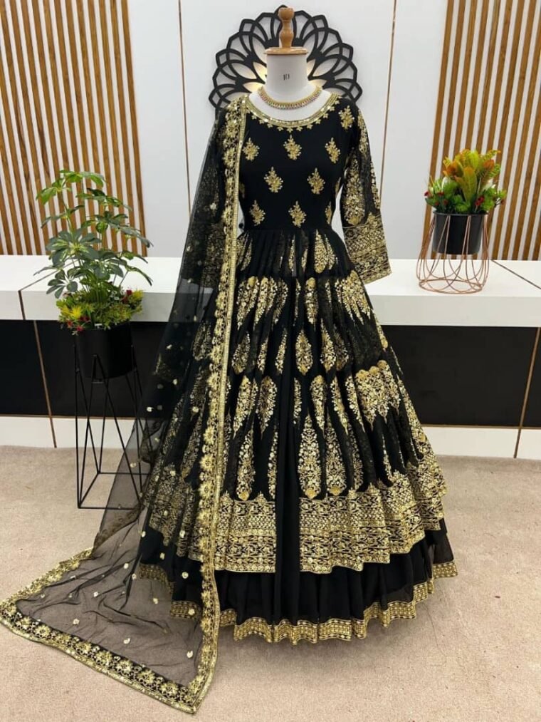 Heavy Embroidery Georgette Gown with Lehenga Skirt and Dupatta (Skirt : Semistitch)