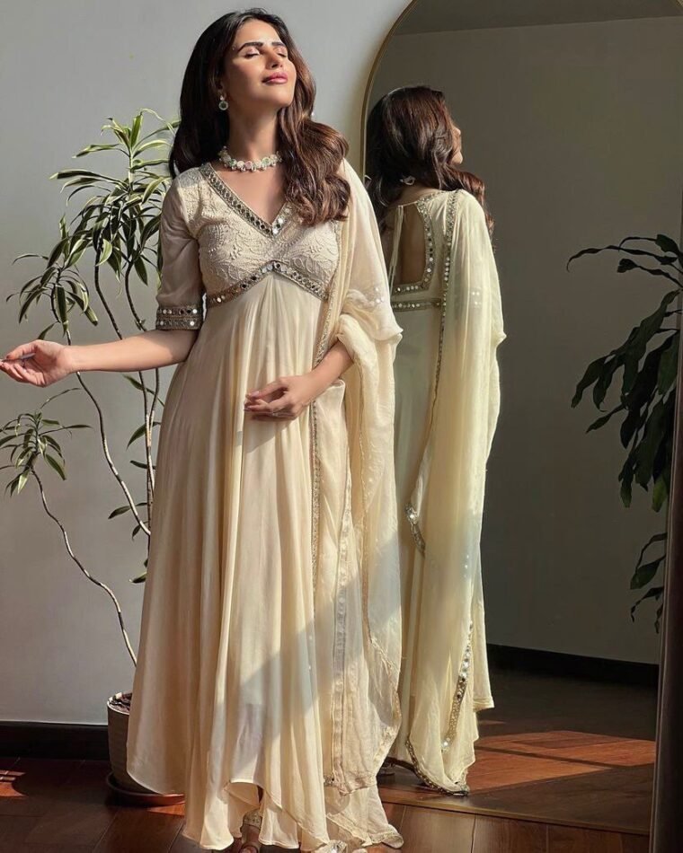 White Georgette Chikankari Mirror Work Anarkali