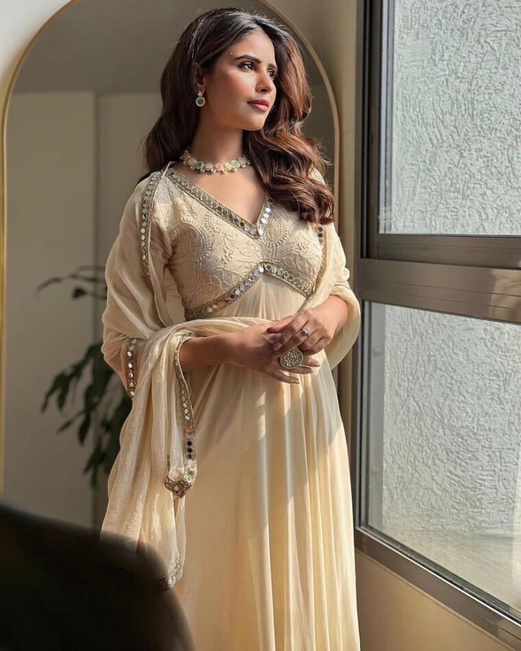 White Georgette Chikankari Mirror Work Anarkali