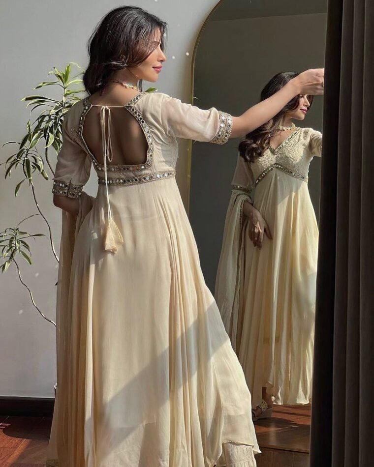 White Georgette Chikankari Mirror Work Anarkali