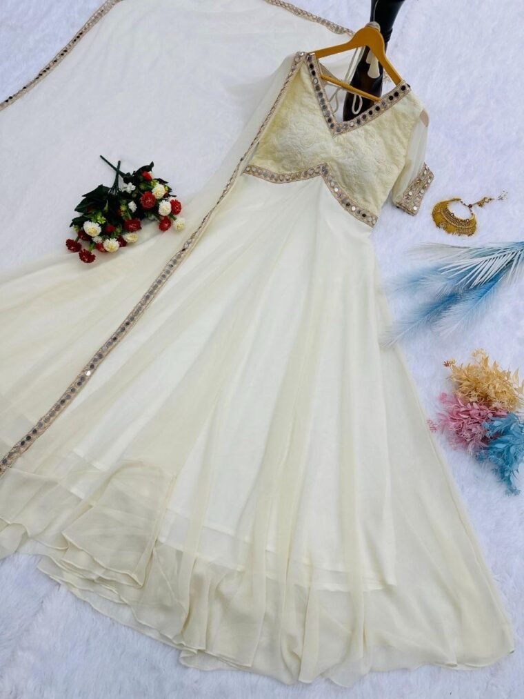 White Georgette Chikankari Mirror Work Anarkali