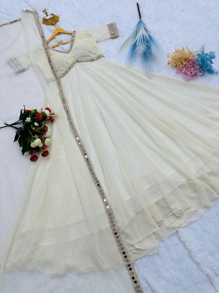 White Georgette Chikankari Mirror Work Anarkali