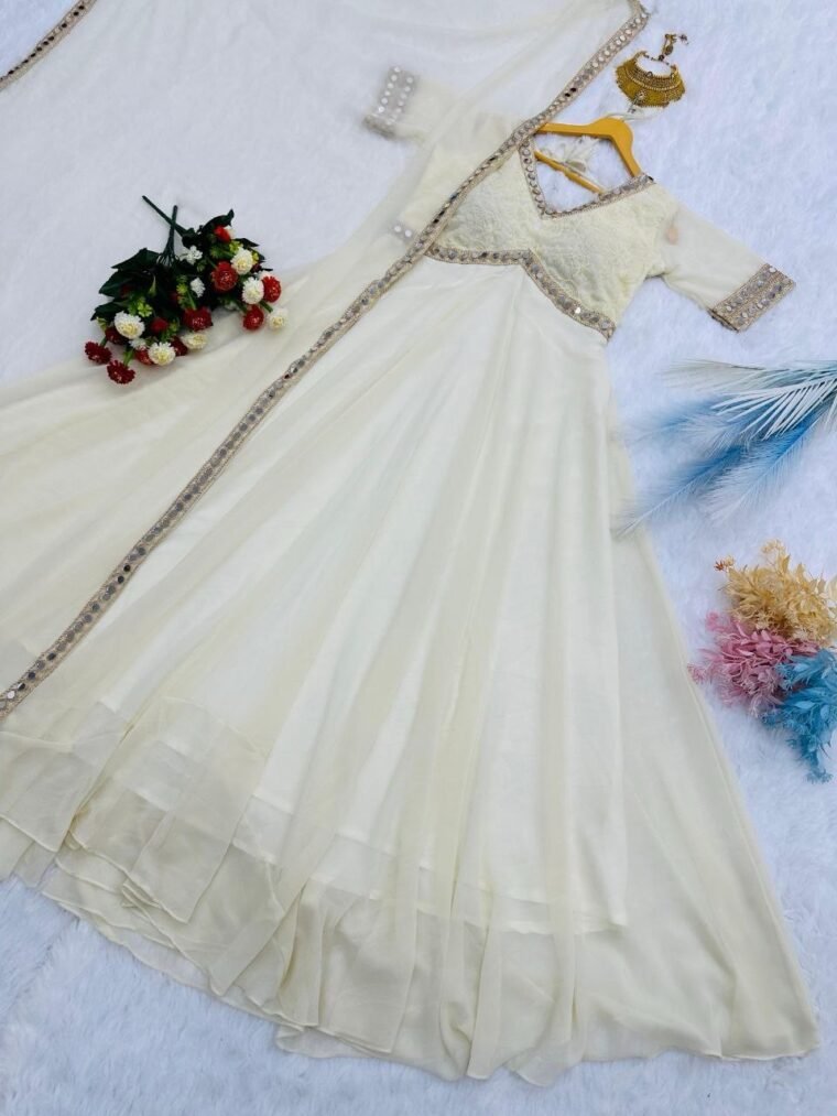 White Georgette Chikankari Mirror Work Anarkali