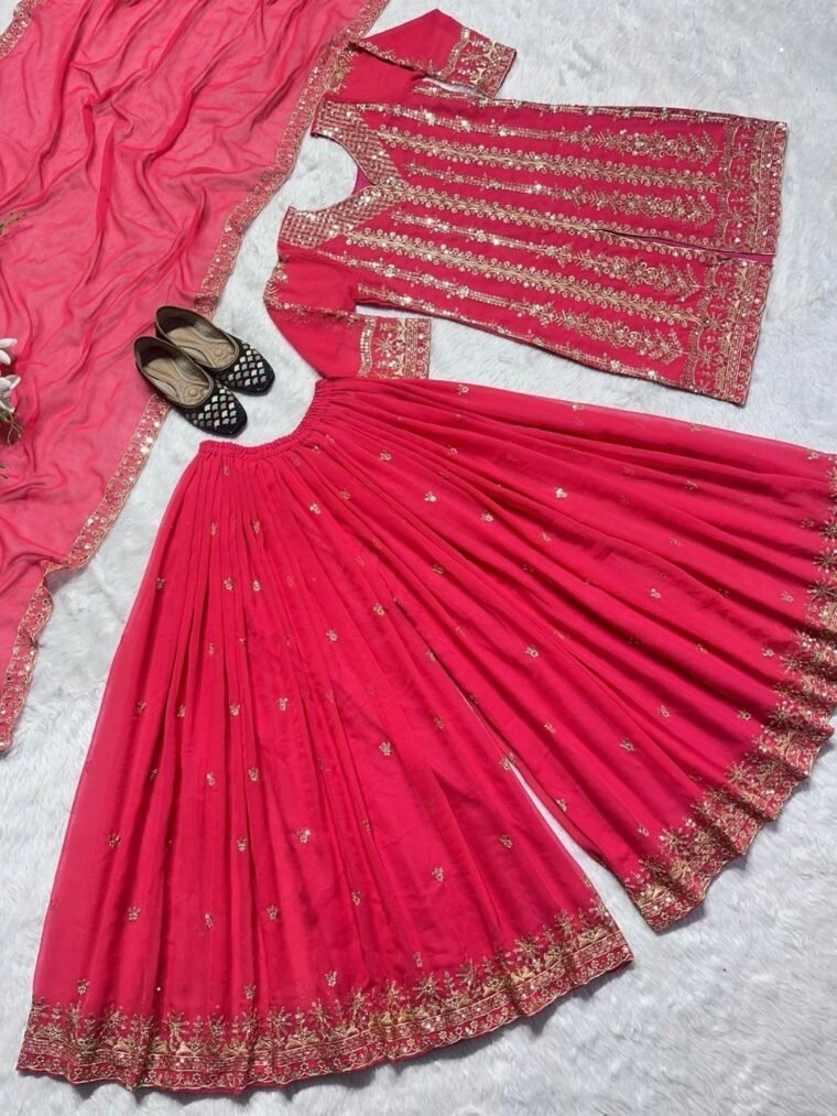 Pink Heavy Sequence Work Sharara Suit