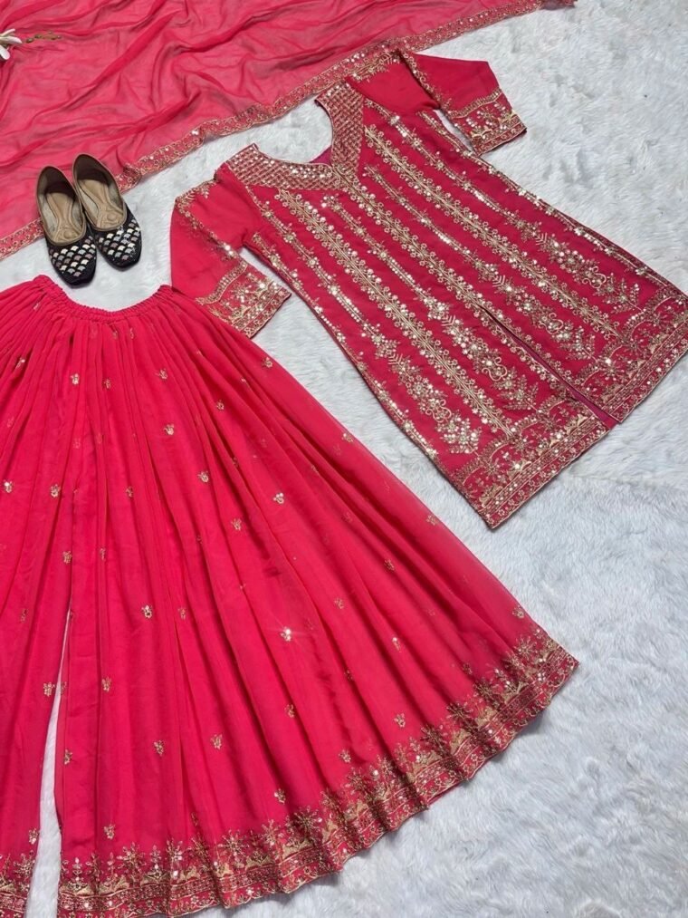 Pink Heavy Sequence Work Sharara Suit