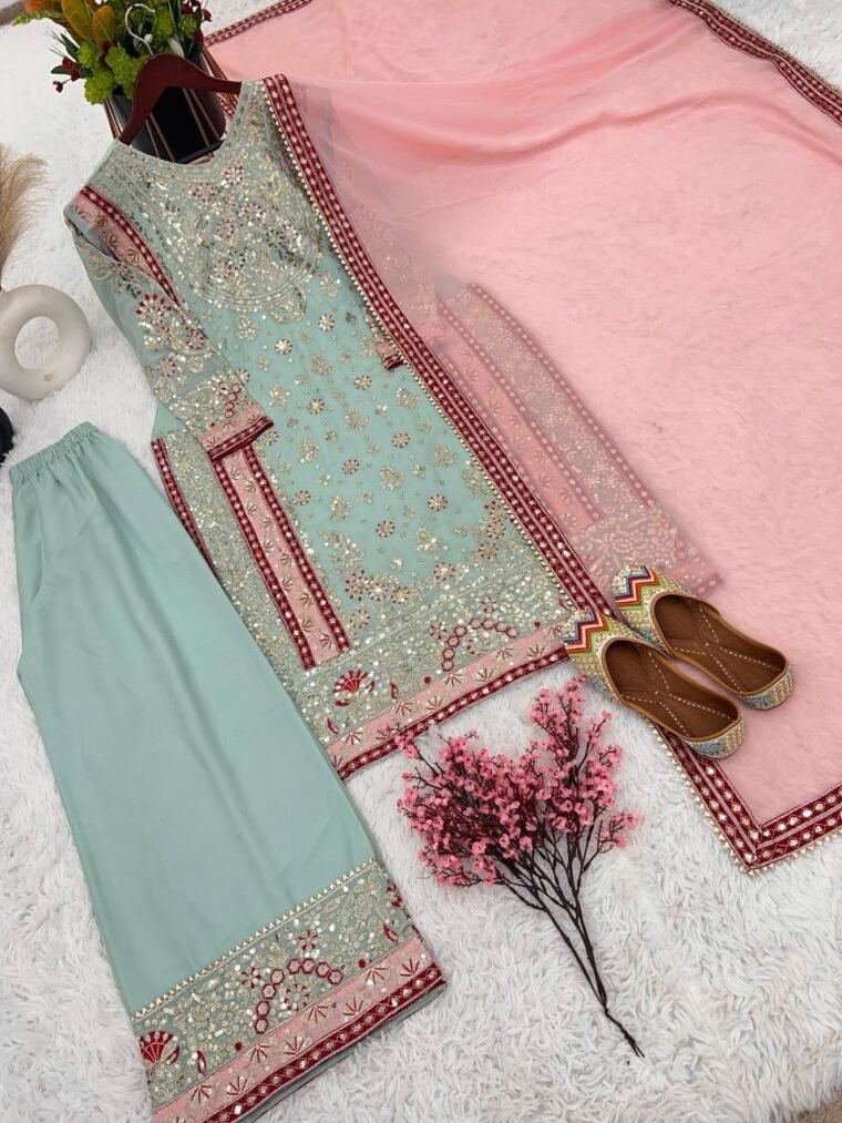 Heavy Embroidery Light Green Sharara Suit