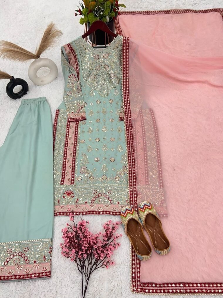 Heavy Embroidery Light Green Sharara Suit