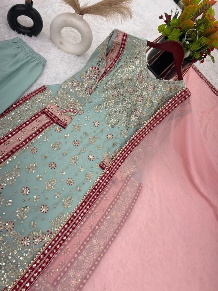 Heavy Embroidery Light Green Sharara Suit