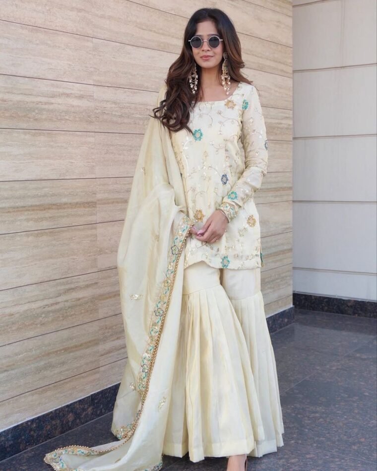 White Heavy Embroidery Sharara Suit