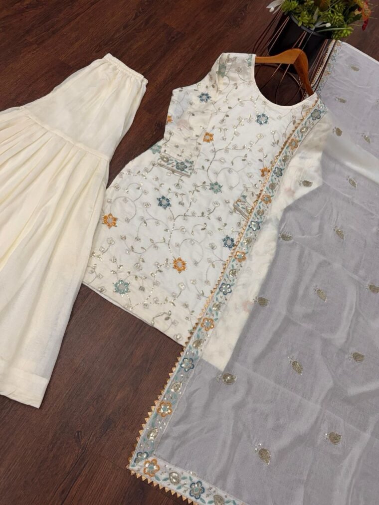 White Heavy Embroidery Sharara Suit