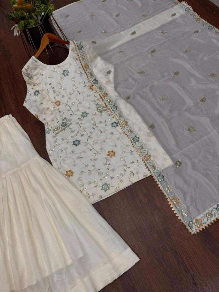 White Heavy Embroidery Sharara Suit