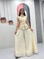 White Embroidery Work Top Plazzo Suit