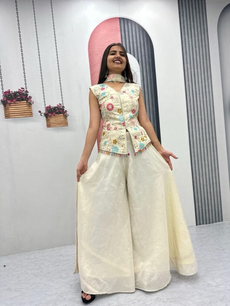 White Embroidery Work Top Plazzo Suit