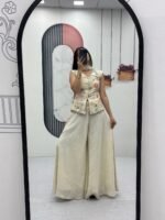 White Embroidery Work Top Plazzo Suit