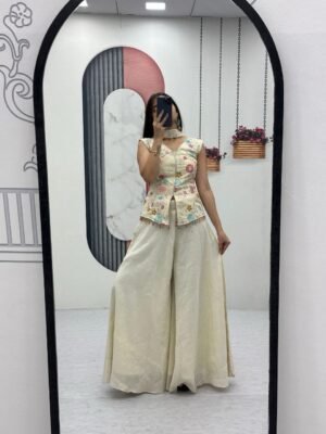 White Embroidery Work Top Plazzo Suit