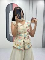 White Embroidery Work Top Plazzo Suit