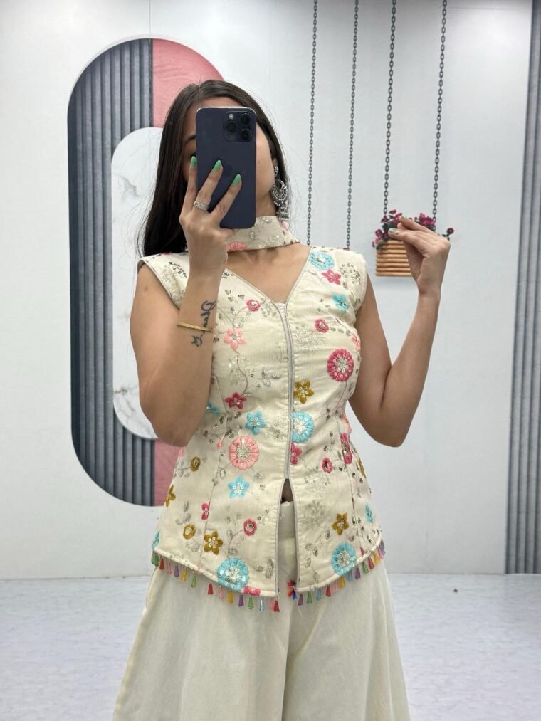 White Embroidery Work Top Plazzo Suit
