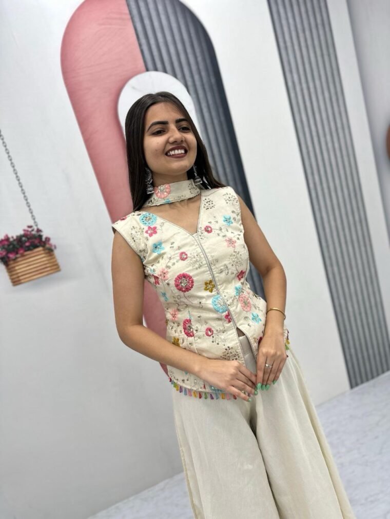 White Embroidery Work Top Plazzo Suit