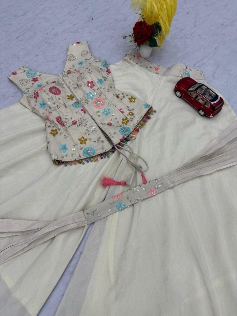 White Embroidery Work Top Plazzo Suit