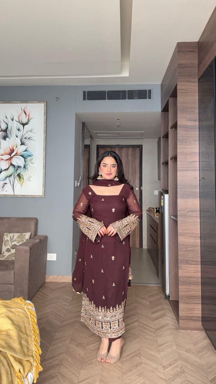 Wine Brown Embroidery Sharara Suit
