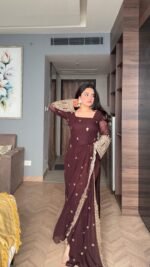 Wine Brown Embroidery Sharara Suit