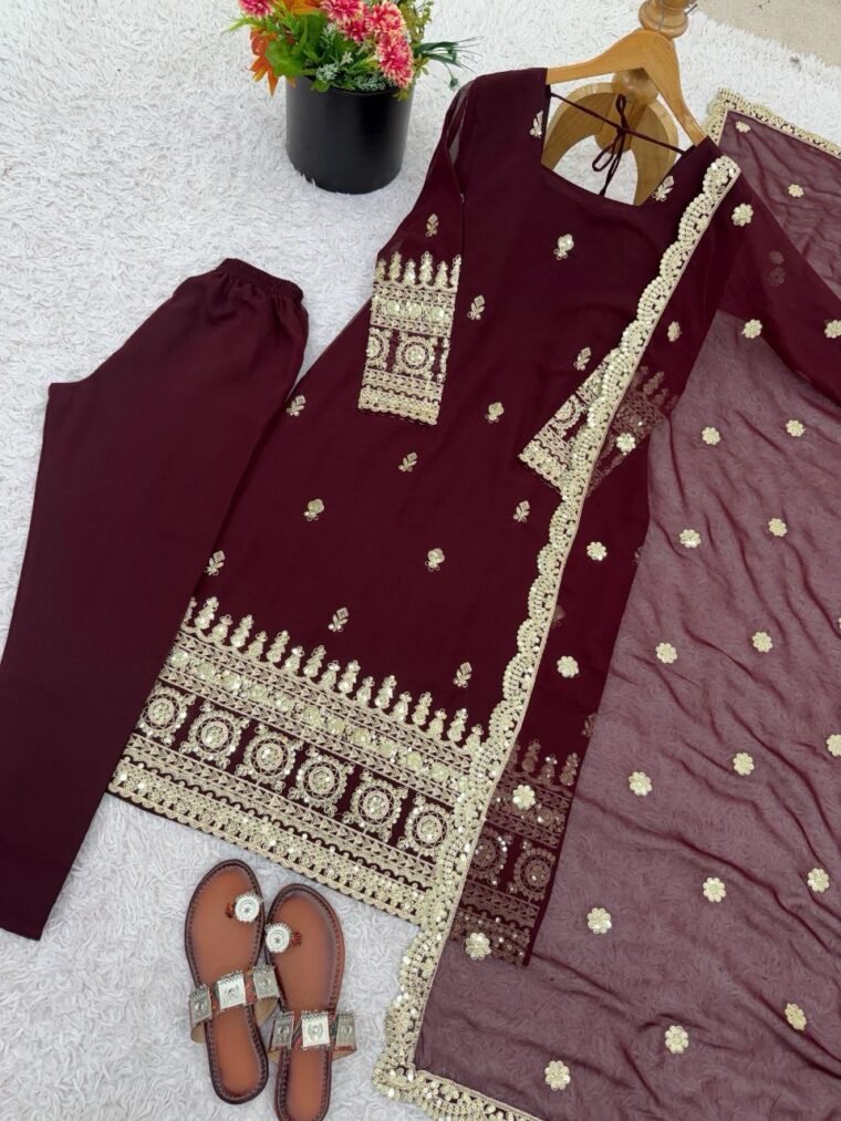 Wine Brown Embroidery Sharara Suit