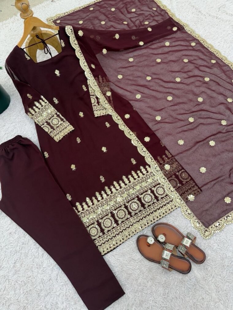 Wine Brown Embroidery Sharara Suit