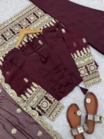 Wine Brown Embroidery Sharara Suit