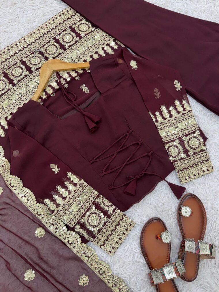 Wine Brown Embroidery Sharara Suit
