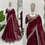 Maroon Tibby Silk Embroidery Saree
