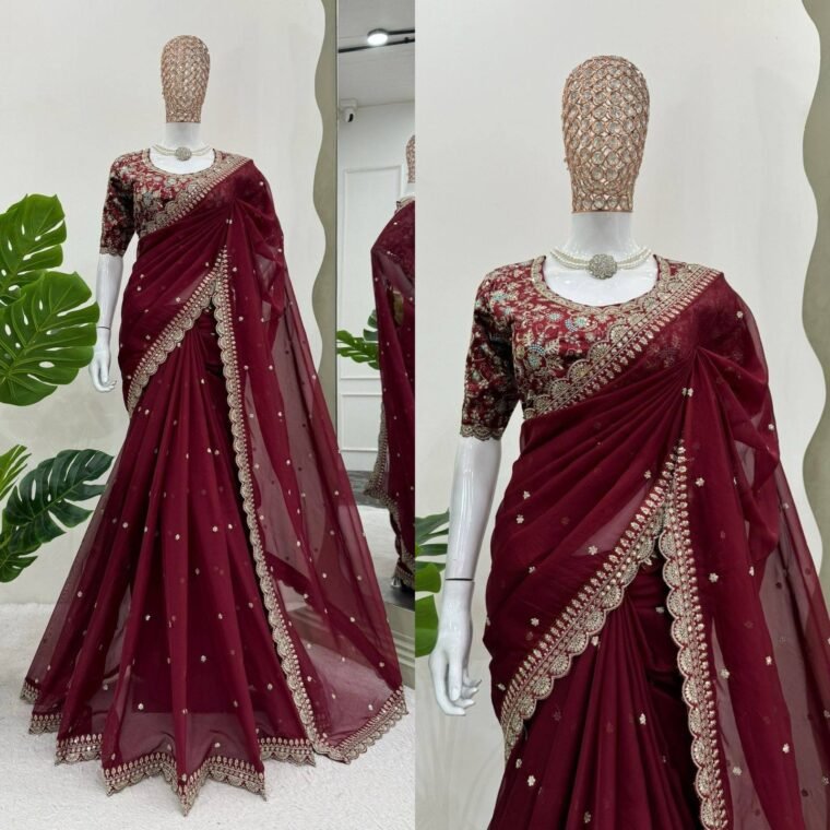 Maroon Tibby Silk Embroidery Saree