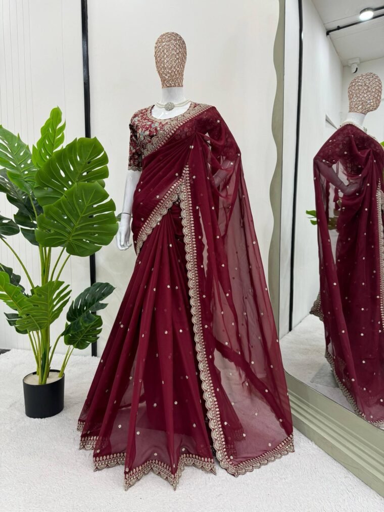 Maroon Tibby Silk Embroidery Saree