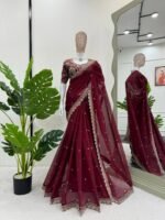 Maroon Tibby Silk Embroidery Saree
