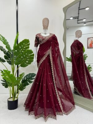 Maroon Tibby Silk Embroidery Saree