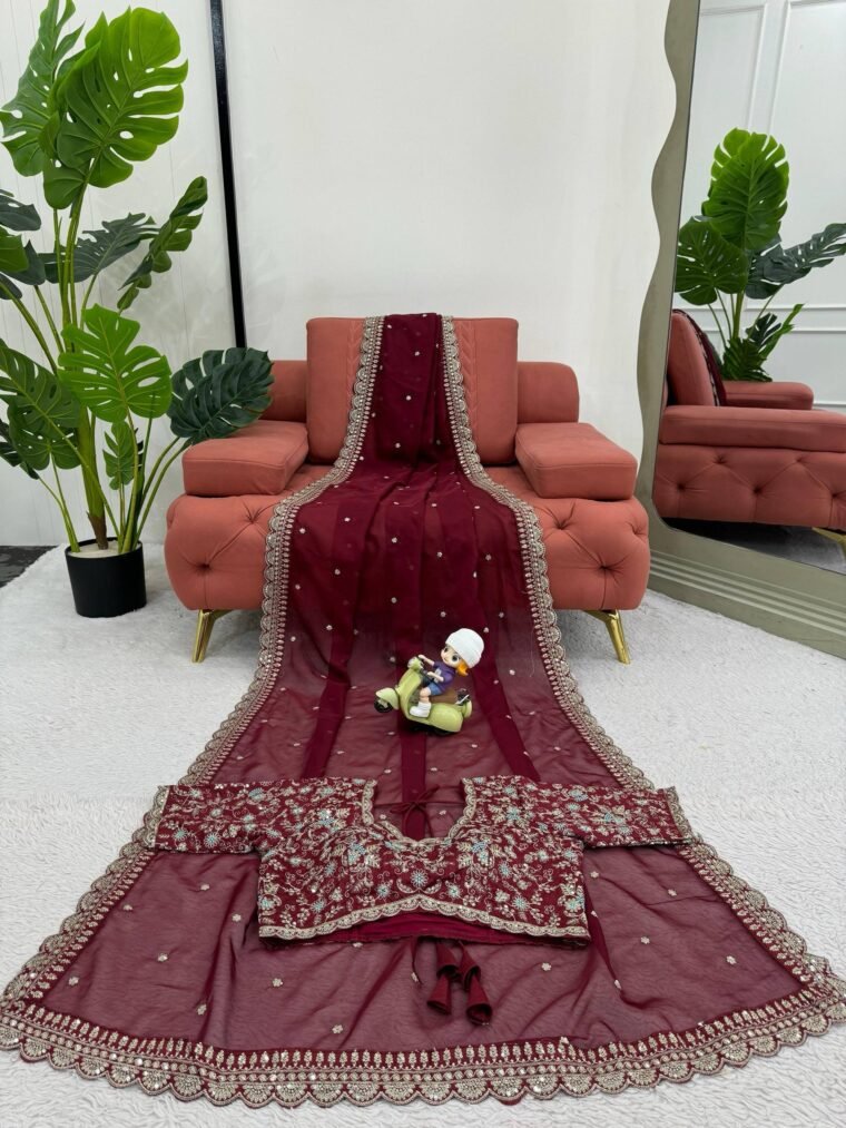 Maroon Tibby Silk Embroidery Saree