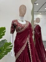 Maroon Tibby Silk Embroidery Saree