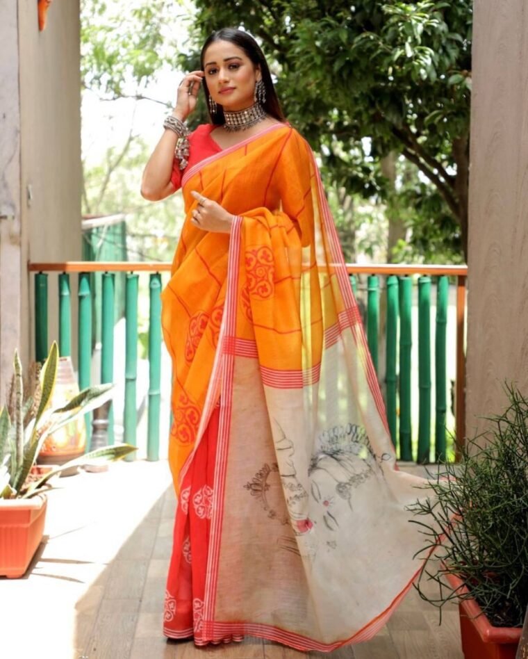 Plain Linen Odisi/Bharatham Design Saree