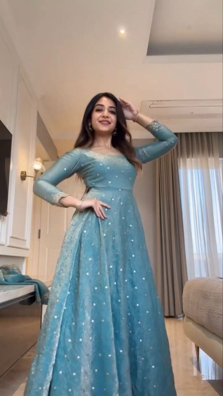 Sky blue Soft Anarkali with Plazzo Dupatta
