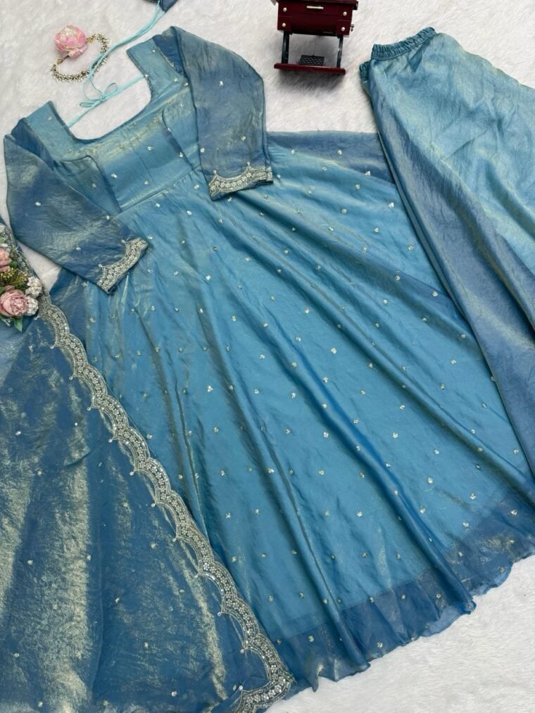 Sky blue Soft Anarkali with Plazzo Dupatta