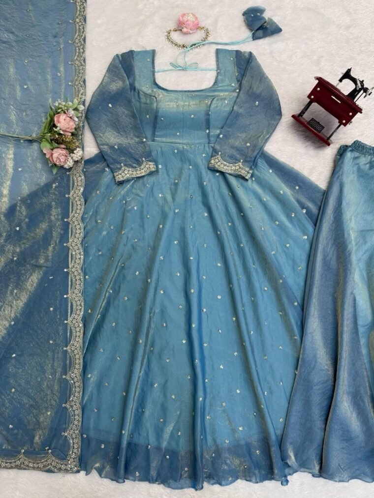 Sky blue Soft Anarkali with Plazzo Dupatta