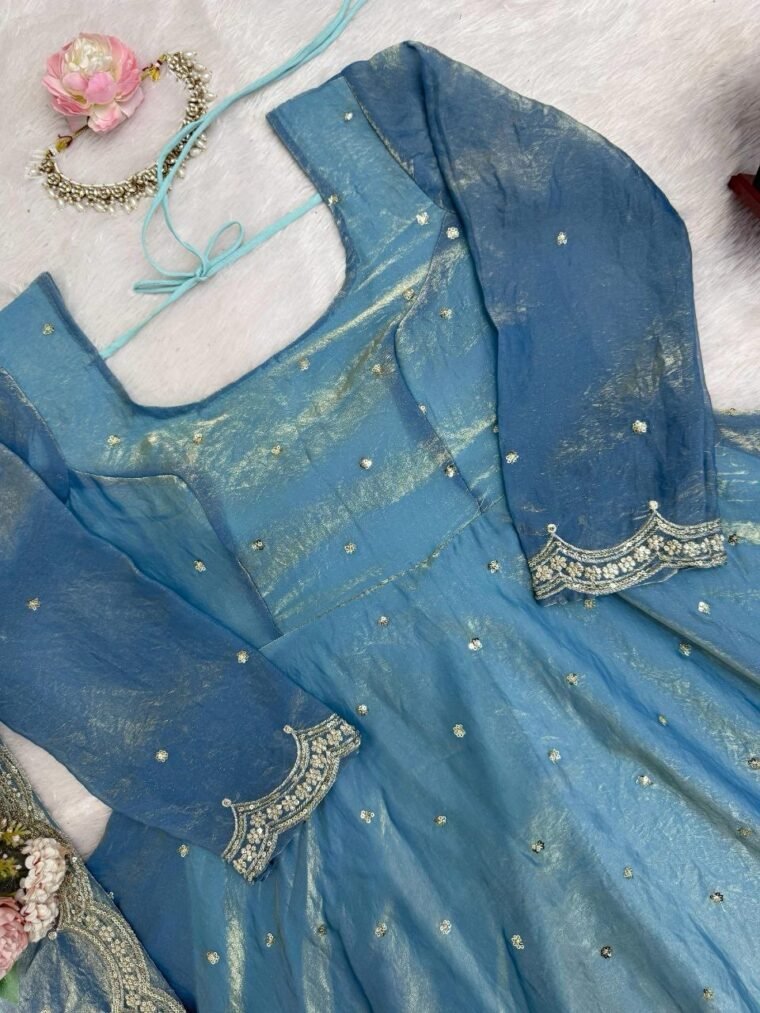Sky blue Soft Anarkali with Plazzo Dupatta