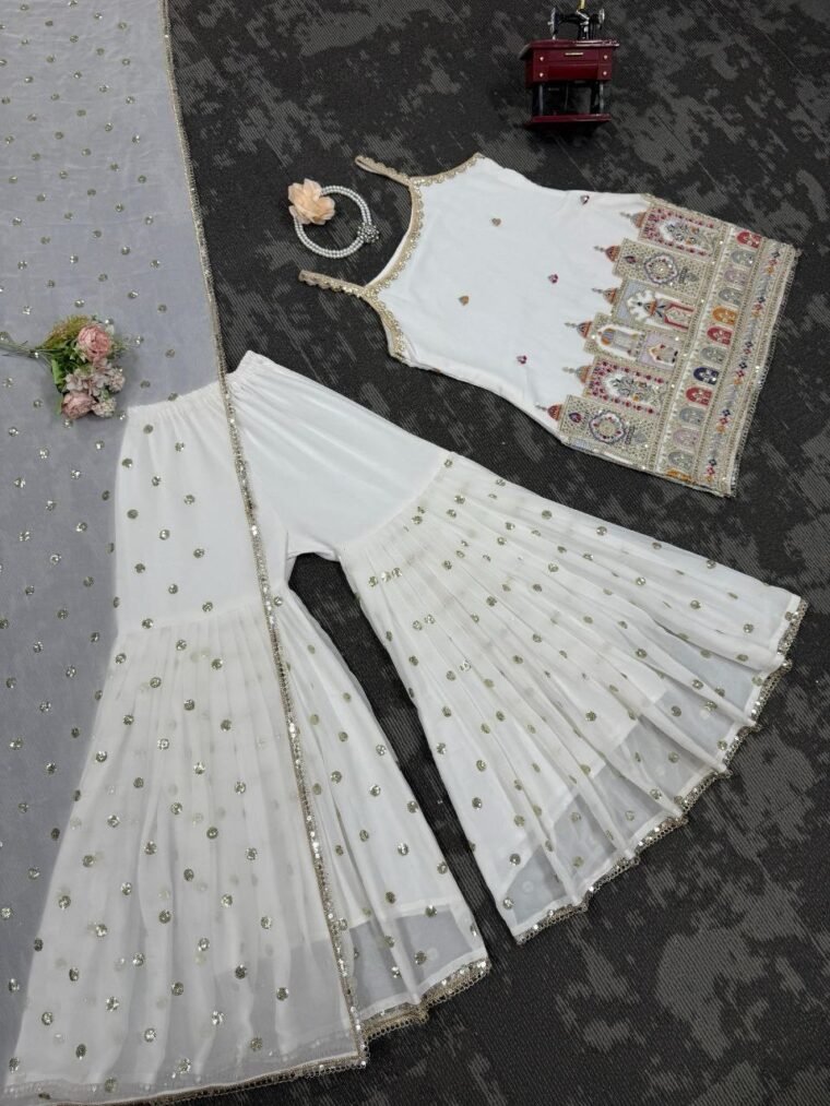 White Embroidery Sharara Suit