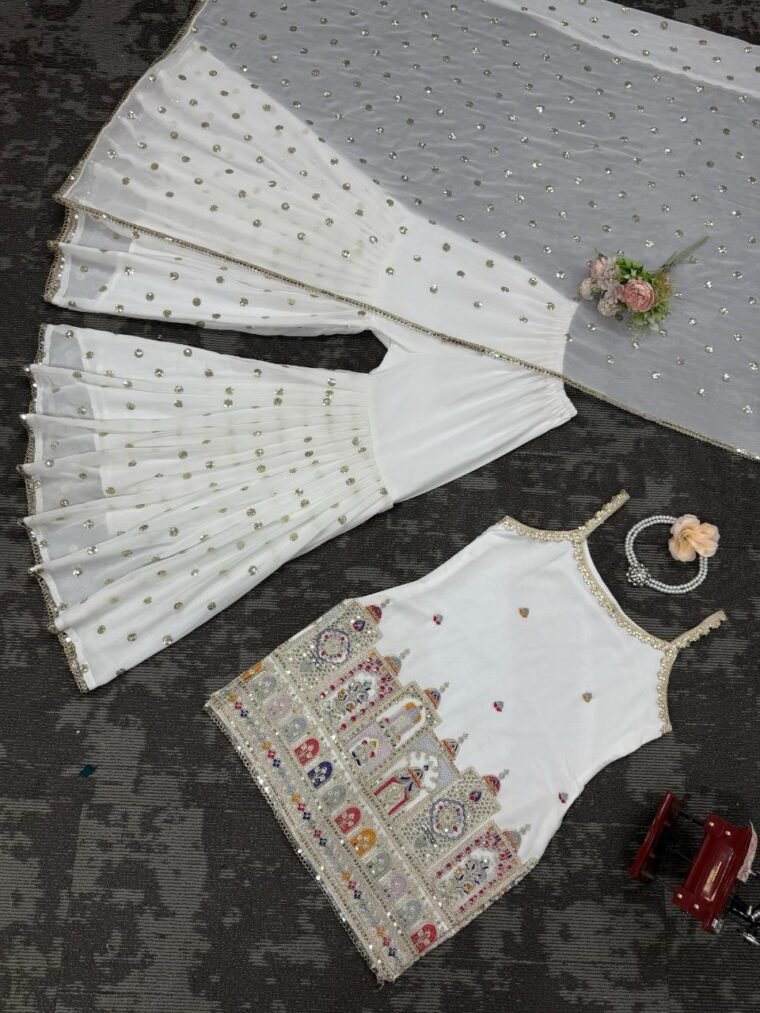 White Embroidery Sharara Suit