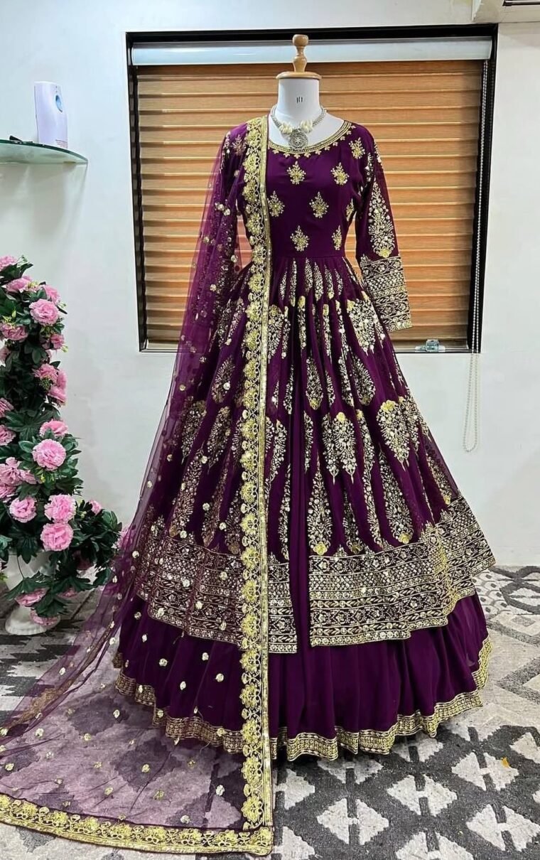 Heavy Embroidery Georgette Gown with Lehenga Skirt and Dupatta (Skirt : Semistitch)