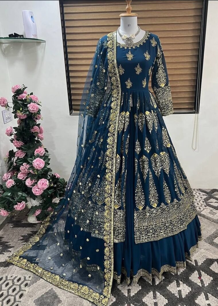 Heavy Embroidery Georgette Gown with Lehenga Skirt and Dupatta (Skirt : Semistitch)