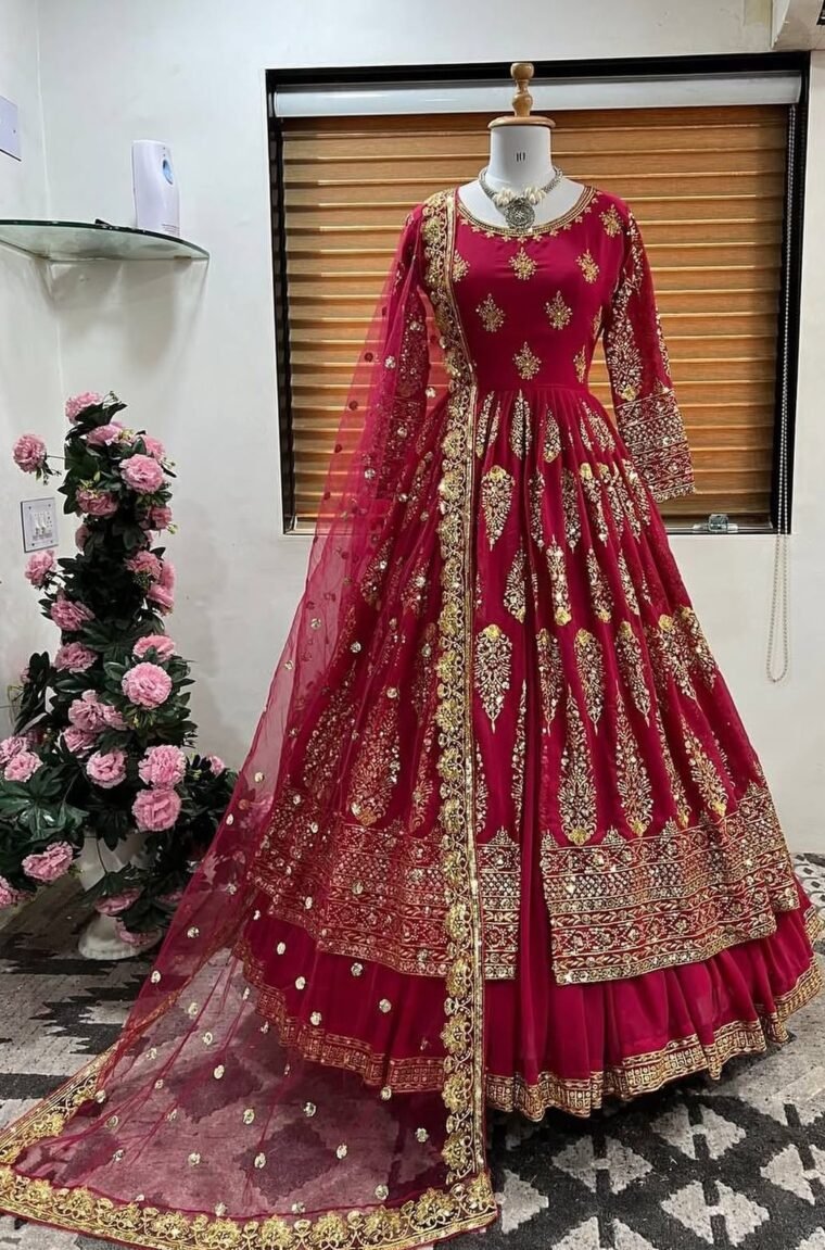 Heavy Embroidery Georgette Gown with Lehenga Skirt and Dupatta (Skirt : Semistitch)
