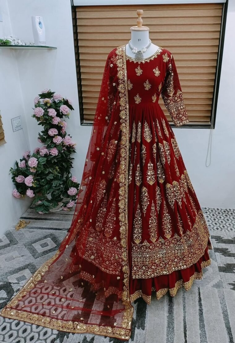 Heavy Embroidery Georgette Gown with Lehenga Skirt and Dupatta (Skirt : Semistitch)