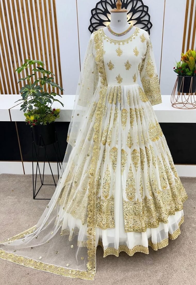 Heavy Embroidery Georgette Gown with Lehenga Skirt and Dupatta (Skirt : Semistitch)