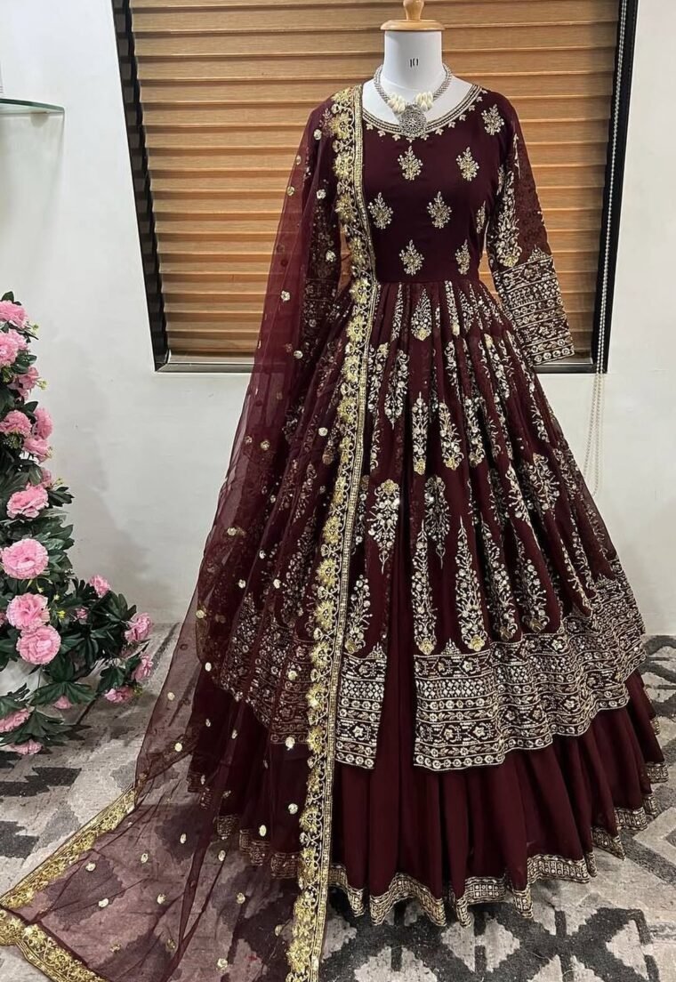 Heavy Embroidery Georgette Gown with Lehenga Skirt and Dupatta (Skirt : Semistitch)